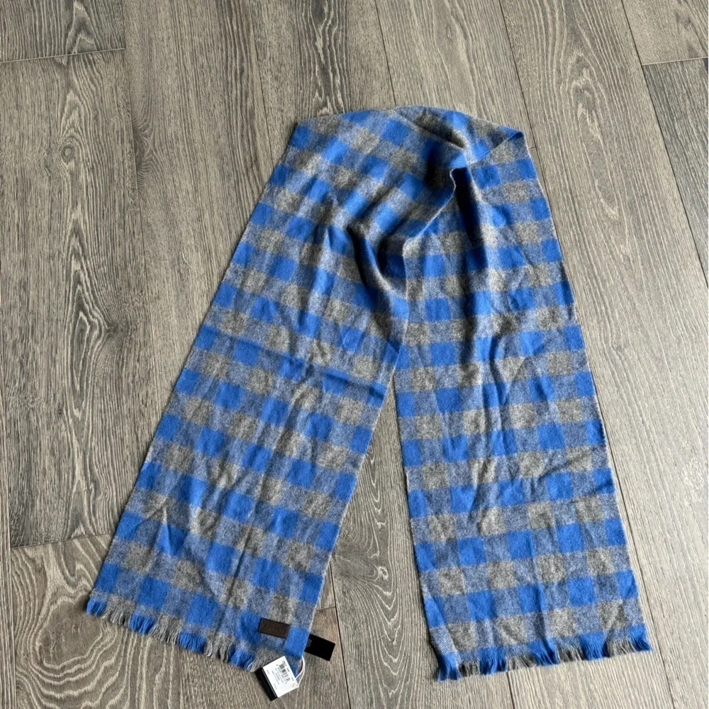 Coach Buffalo Check Woven Wool/Cashmere Blend Scarf in Cobalt/Grey